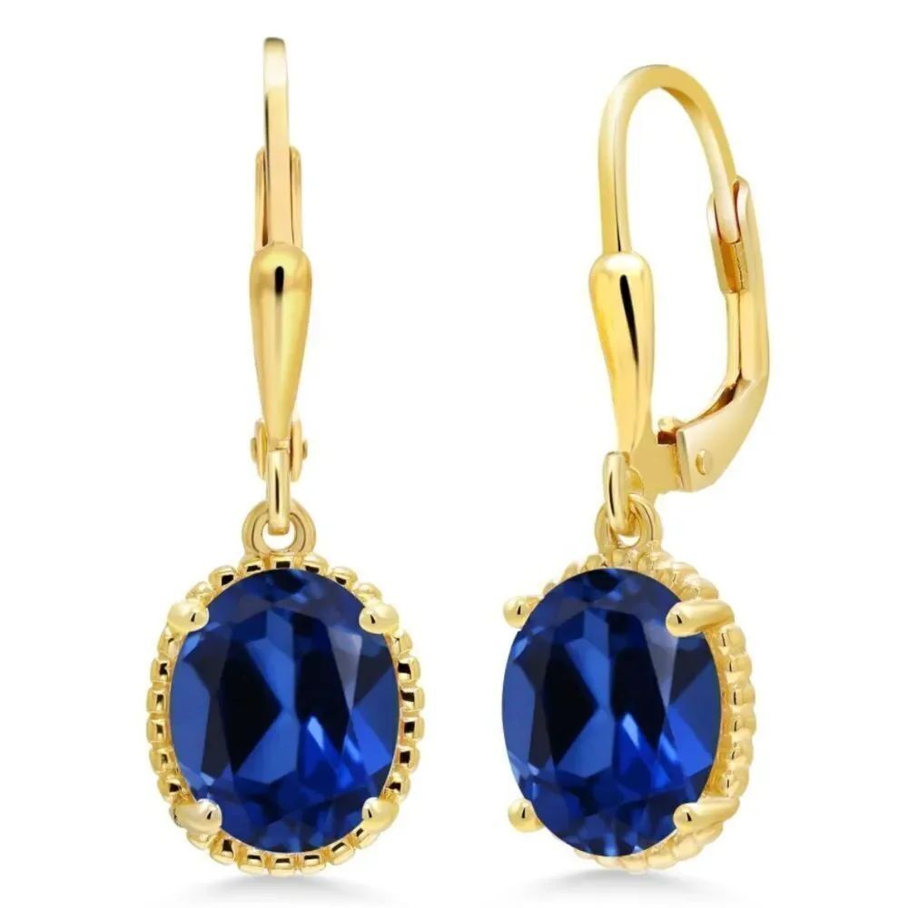 18K Yellow Gold 925 with 4.60 Cttw Royal Blue Sapphire Oval Leverback Earrings